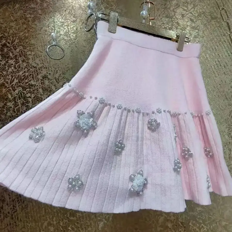 Luxury Heavy Industry 3D Pearls Sequins Flower Stitch Knitted Skirt For Women's 2025 Spring Autumn Chic Sweet Half Skirt