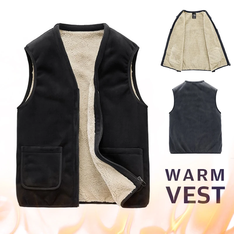 Winter Men Lamb Wool Lined Vest Sleeveless Jacket Waistcoat Outwear Thick Wool Liner Fleeces Coat