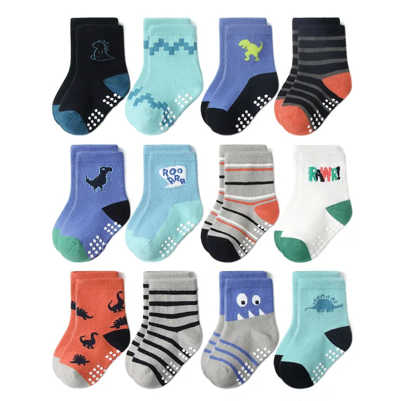 6 Pairs Kids Non-Slip Socks Cute Cartoon Dinosaur Pattern Boys Floor Socks Comfortable Breathable for Toddler Learning to Walk