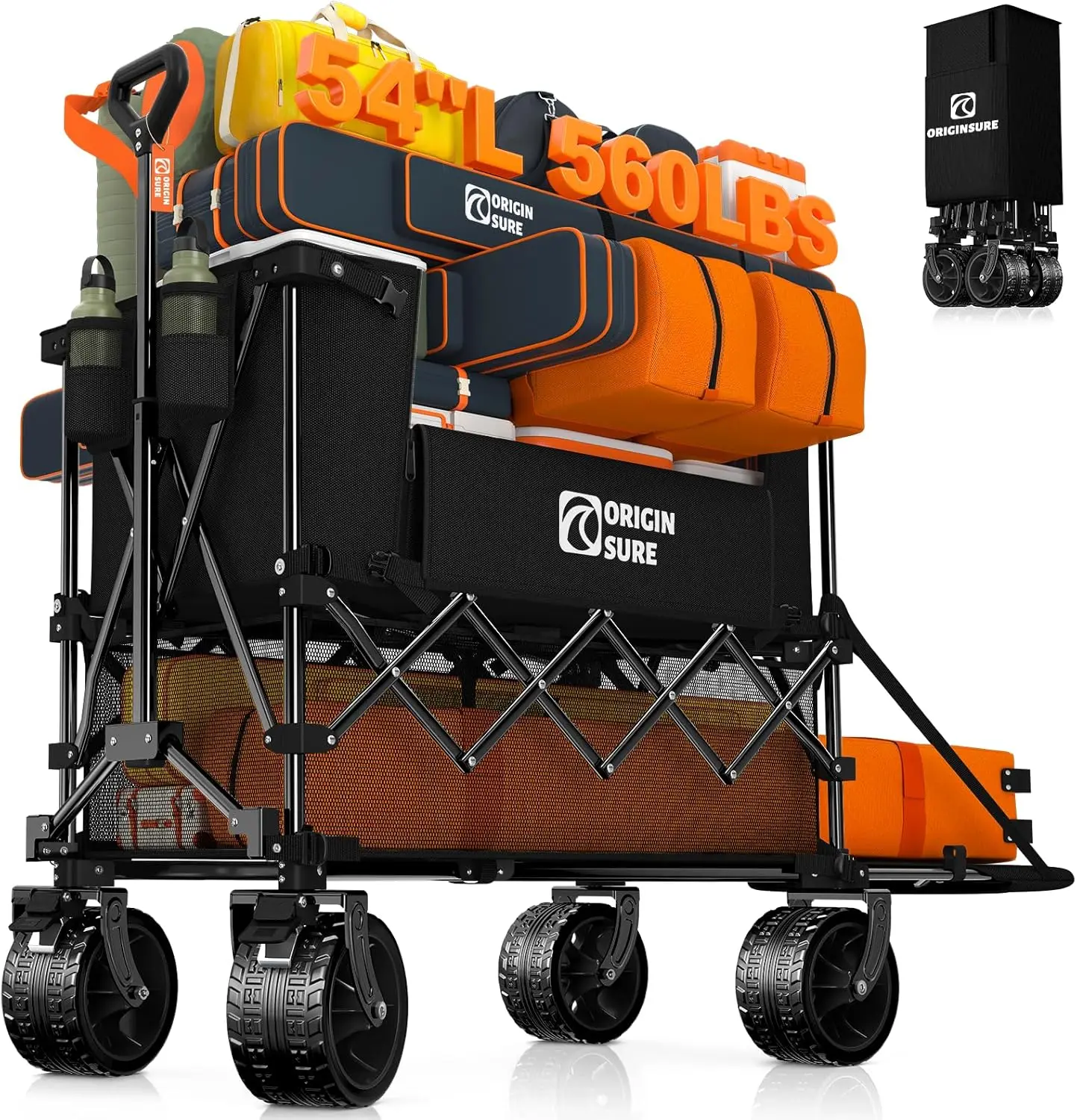 400L Collapsible Double Decker Wagon, Black, for Camping, Sports, Groceries - 560lbs Heavy Duty, Big All-Terrain Wheels