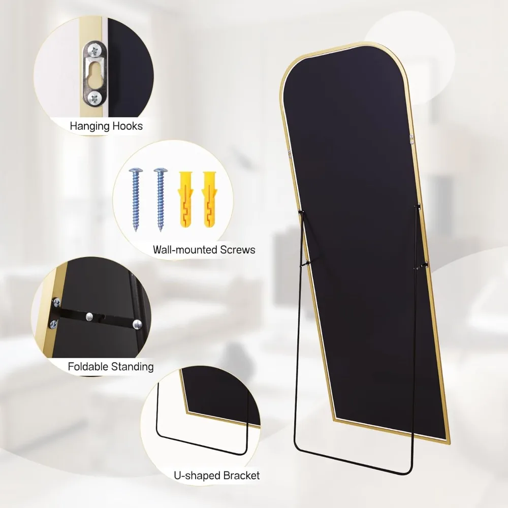 Übergroßer, gewölbter Boden- oder Wandspiegel – Gold-Finish, freistehender Ständer für Wohnzimmer und Schlafzimmer, groß, 71 x 26 Vollspiegel