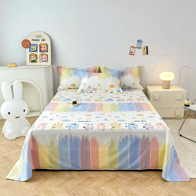 Cartoon Flat Sheet with 2 Pillowcases Rainbow Lines Bed Sheet Set 100% Cotton Kawaii Love Heart Star Print Bed Cover Twin/King