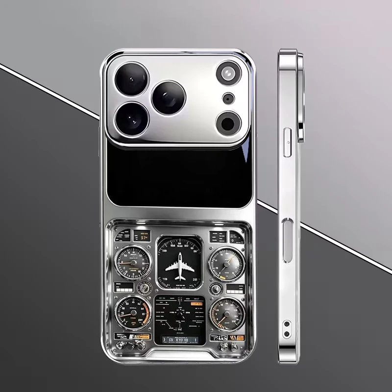 Retro Flight Gauge Art Electroplat Silver Phone Case For iPhone 18 15 17 16 14 13 12 11 Pro Max Plus 16E 17Air 7 8 X Glass Cover