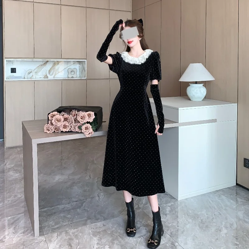 2023 Autumn/Winter Design Feel Ruffle Edge Hot Diamond Velvet Dress Velvet Annual Meeting Dress Long Dress