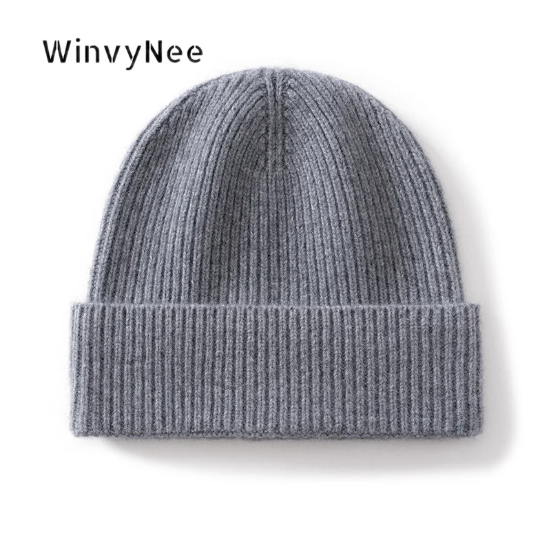 WinvyNee Women 100% Wool Fine Rib Folded Brim Beanie Knitted Hat Autumn Winter Thickened Elastic Casual Soft Head Cover I1883036