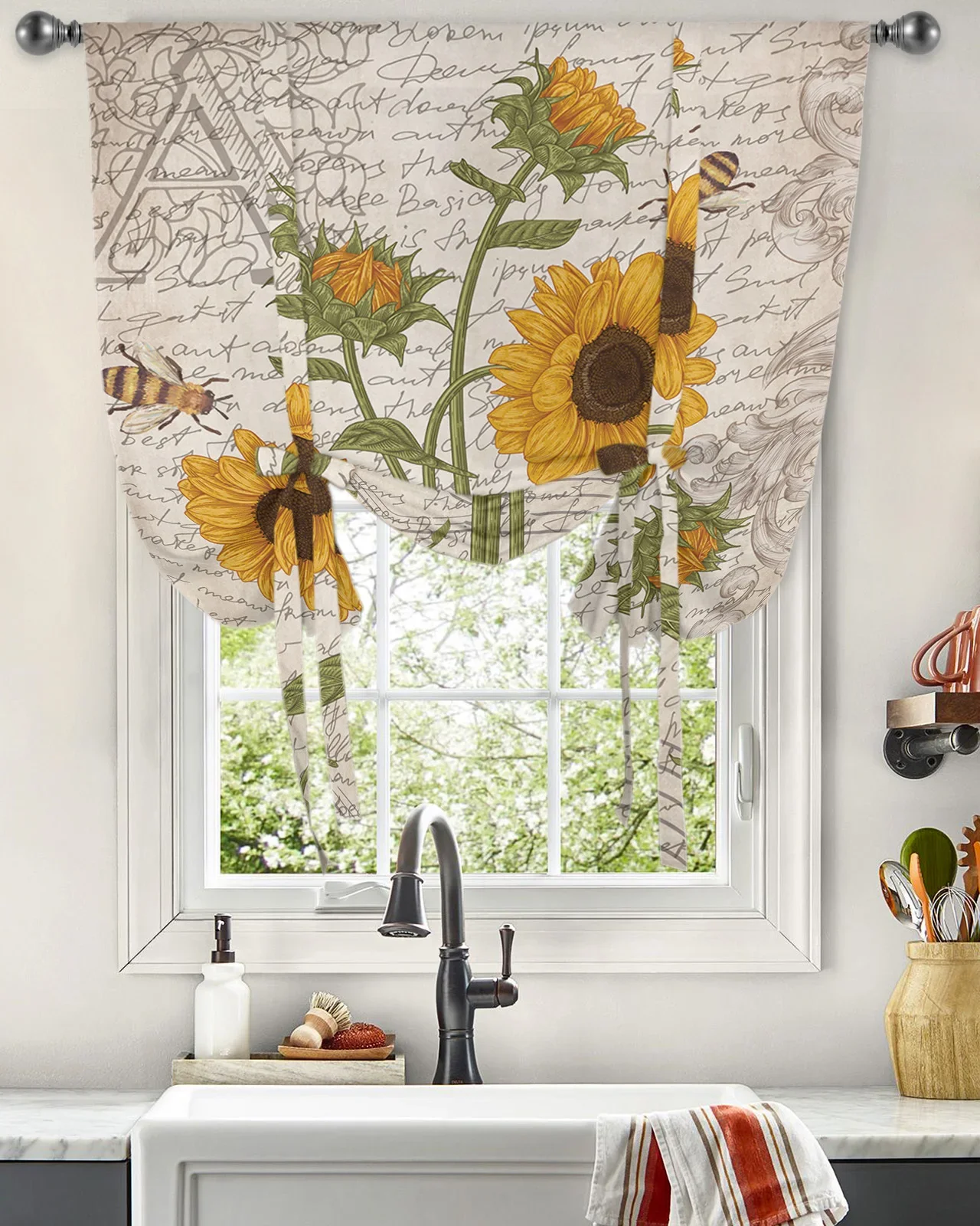 Imagem -03 - Retro Window Curtain For Living Room Cortinas Romanas para Cozinha Café Tie up Cortinas Curtas Abelha Girassol Primavera