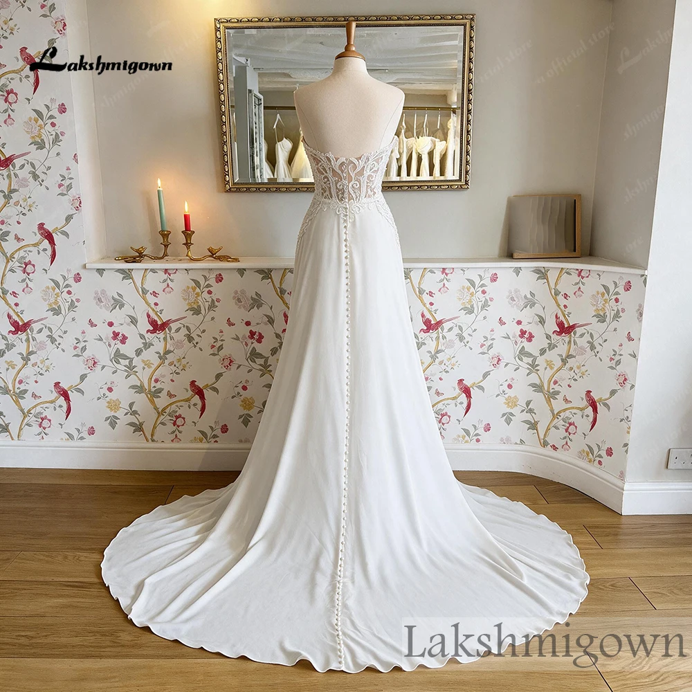 Lakshmigown Bohemian Trägerlose Hochzeitskleider Transparentes Korsett-Oberteil Perlenbesetzte Spitzenapplikationen Chiffon A-Linie Hochzeitskleider Maßanfertigung – Detail 6