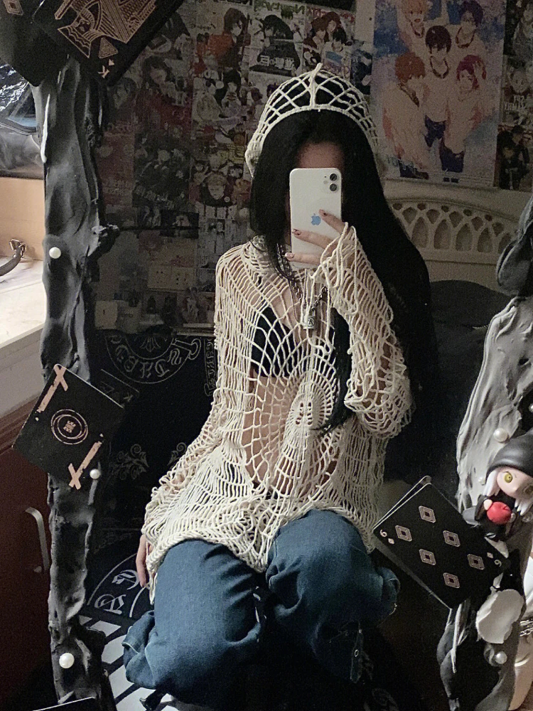 ADAgirl Y2k Spider Web Hollow Out Sweaters Hole Crochet Knit Top Punk Grunge E-Girl Pullover Hoohed Streetwear Goth Mesh Clothes