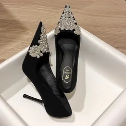 Autumn Fashion Women Shoes Velvet Thin Heel Pointed Toe Pumps Luxury Bling Sandals Wedding Party Glitter Diamonds High Heels