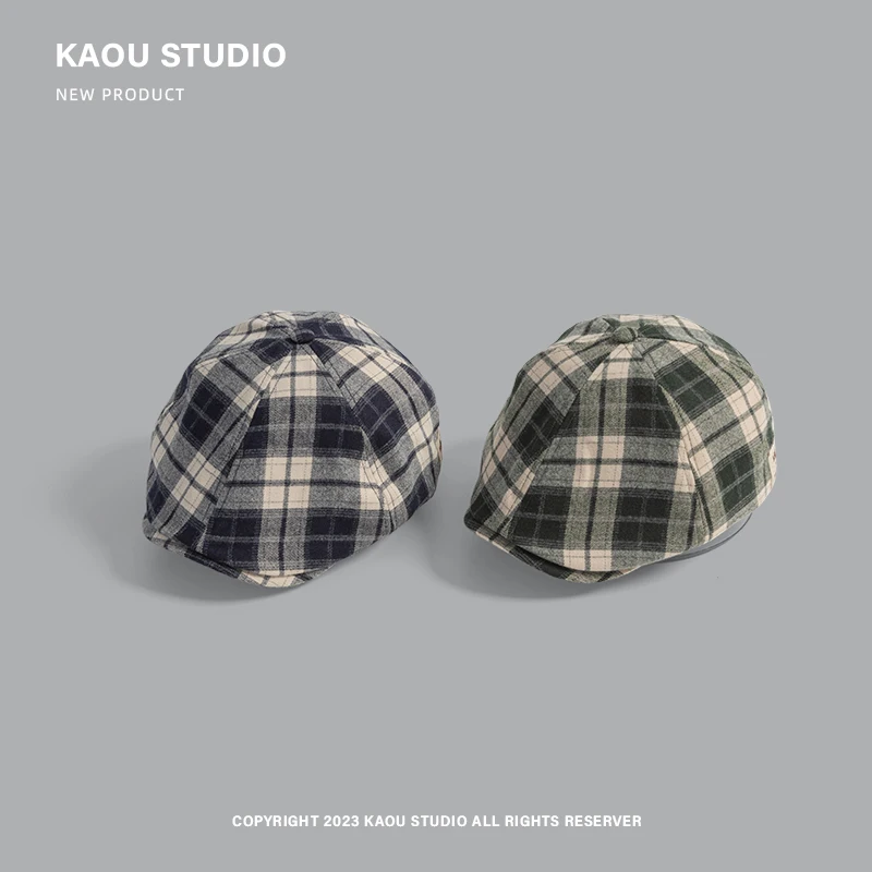 Autumn and Winter Atmosphere Retro Plaid Forward Hats for Men and Women Japanese Street Trend Versatile Literary Berets Cap