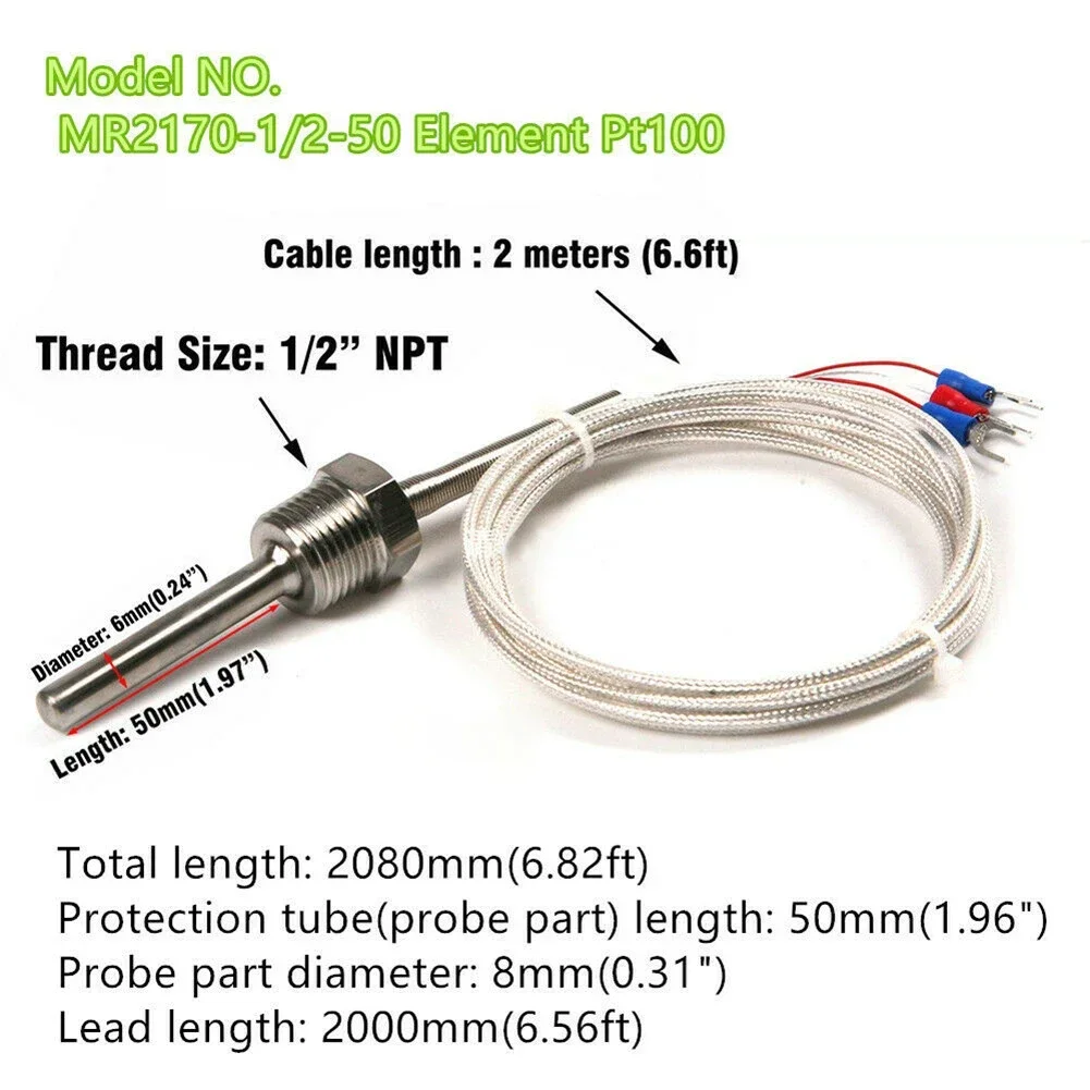 Sensor De Temperatura De Aço Inoxidável, Sensor De Sonda De Pt100 Ohm, Industrial, L 50mm, PT NPT, Rosca 1/2 ", Fio De Isolamento