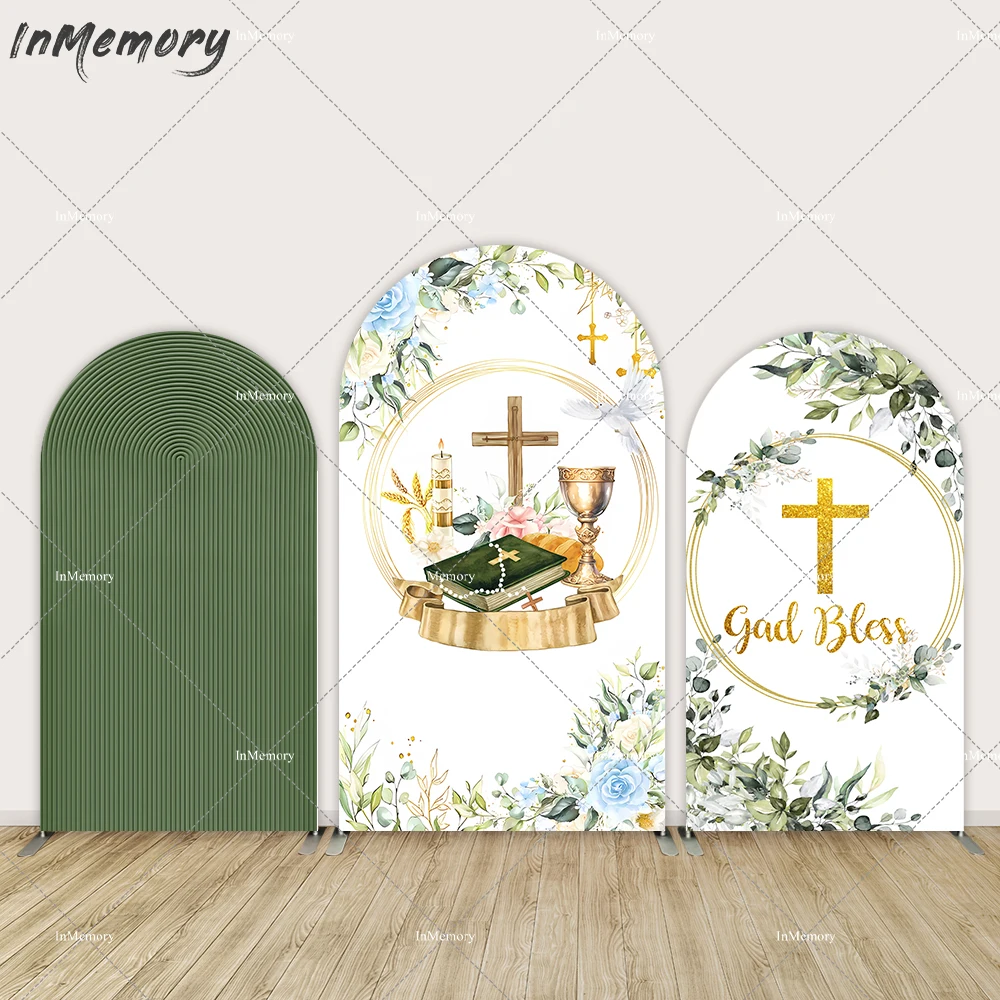 First Holy Communion Party Arch Backdrop Cover Green Leaves Stripes God Bless Baptism theme Arched Wall Baby Shower Background