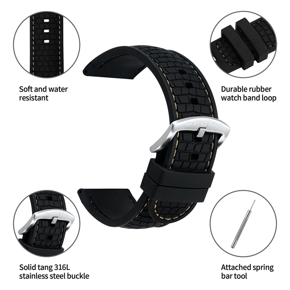 BERNY 22mm-24mm Watch Bands Soft Waterproof Replacement Stainless Steel Buckle Rubber Silicon Straps Watch for Men Accessories