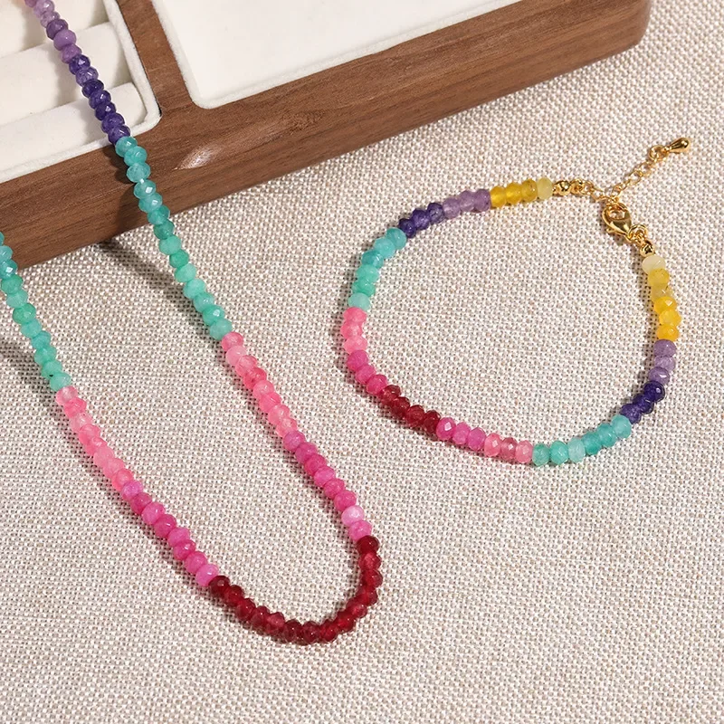 Natural color jade abacus beads beaded necklace collarbone chain fresh personality contrasting color rainbow bracelet jewelry