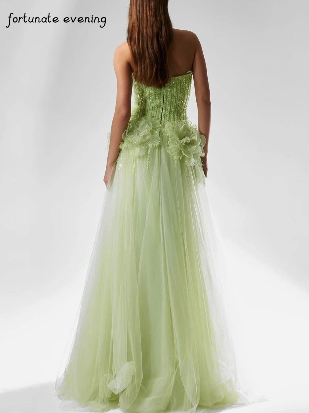 Fortunate Evening Elegant Vintage Sweet Green Beads Flower Stylish Ruffle Fashion Formal Occasion Prom Dress Evening Party Gowns