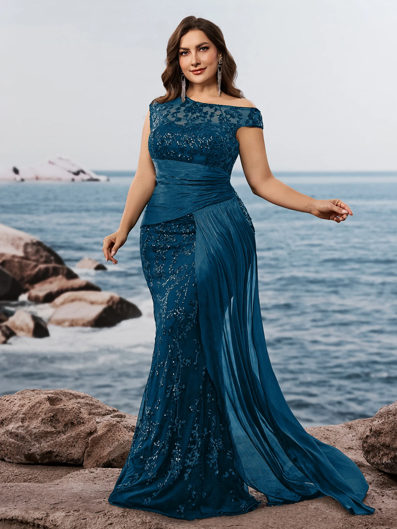 Plus Size Elegant Sleevesless Sequins Patchwork Ribbon Formal Evening Dress Women Mermaid Wedding Party Guest Gowns