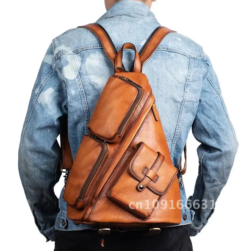 New Fashion Men's Leather Single Shoulder Backpack Real Cowskin Chest Bag Crossbody Bag Backpacks For Man Male Anti Theft Men