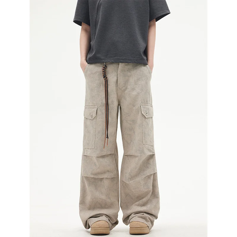 American-Style Retro Marble Dark Pocket Straight Wide Leg Overalls Men's Loose Paratrooper Pants Versatile Casual Pants