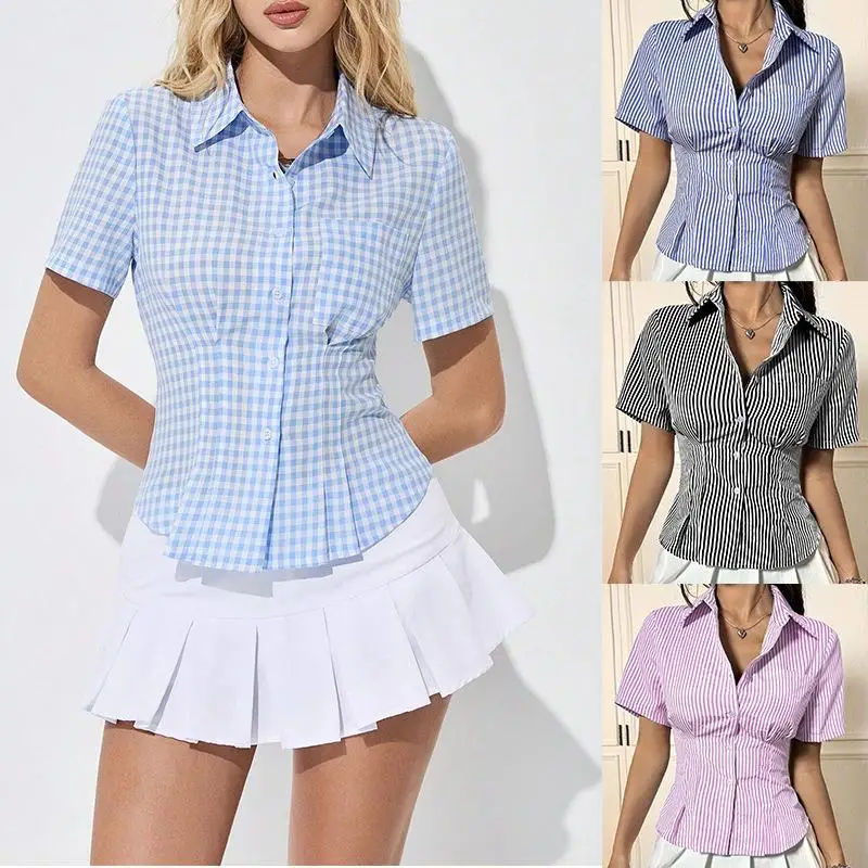 

Stylish Women's Waist Cinched Striped Shirt Short Sleeve College Style Fashion Top Women's Clothing Spring Autumn 2016