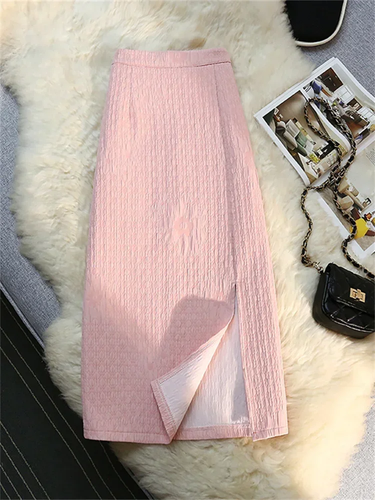 

High Waisted Prink Skirt for Women 2024 New Korean Fashion Split Chic Midi Office Ladies Casual with Liner Z600