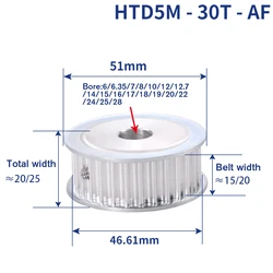 HTD5M 30T AF Timing Pulley Bore 6/6.35/8/10/12/12.7/14/15/16/17/20/22/24mm 30Teeth 5mm Pitch For Width 15/20mm HTD5M Timing Belt