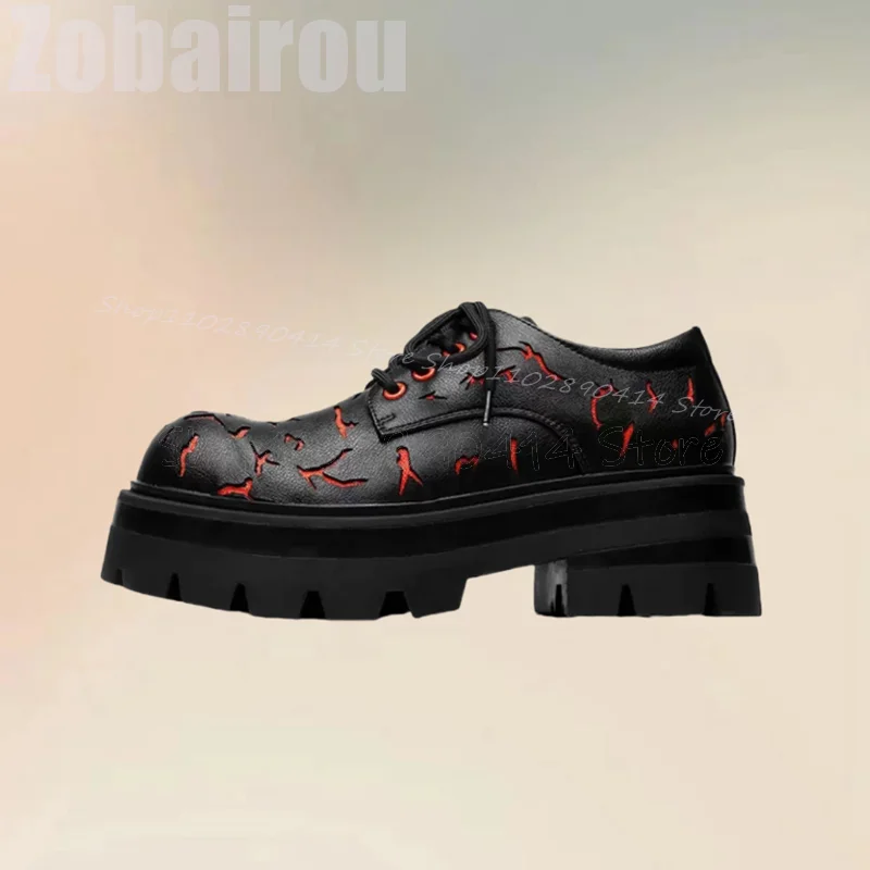 Black Red Totem Crack Pattern Round Toe Platform Loafers Fashion Lace Up Men Shoes Luxury Handmade Party Feast Men Casual Shoes