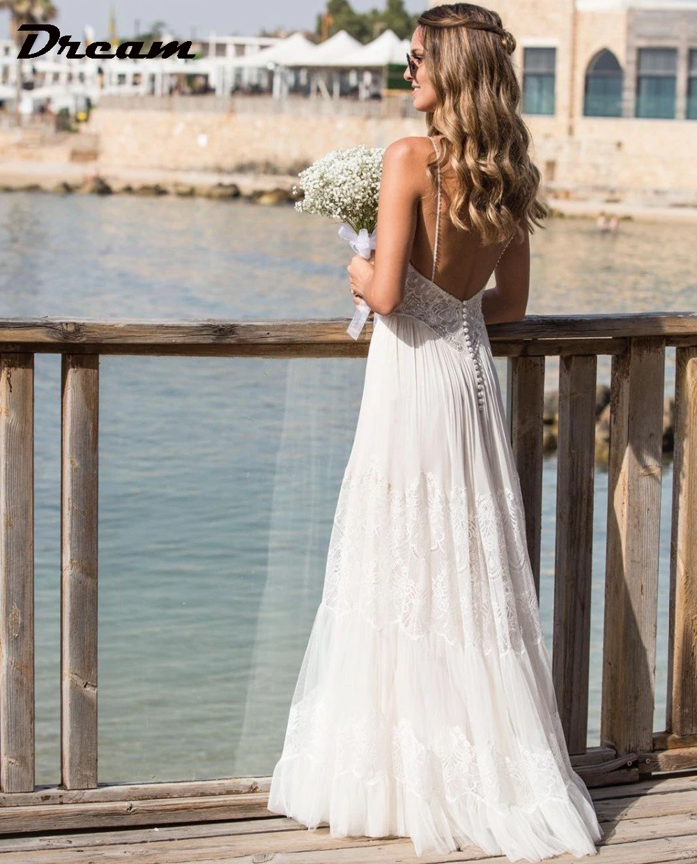 DREAM Lace Spaghetti Straps Tulle Boho Wedding Dress Sleeveless A Line Backless V-Neck Bridal Gowns Beach Summer