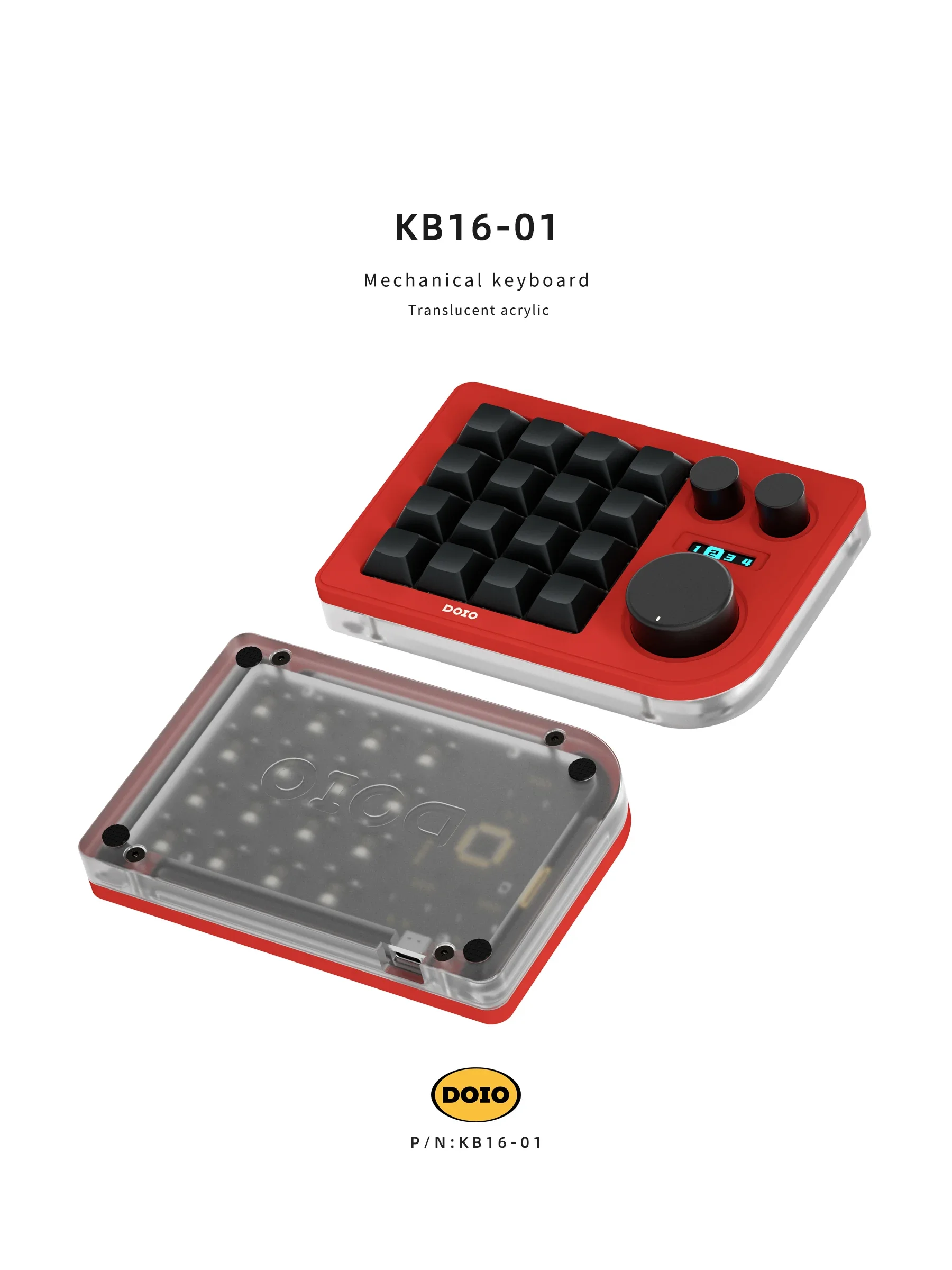 DOIO KB16-01 16-Key Designer Keypad Triple Knob Custom Mechanical Keyboard Customized Gaming ArcadeGame DIY Wired Hot-swappable