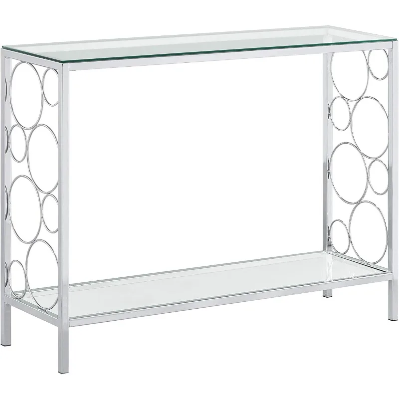 Finish Glass 2-Tier Contemporary Console Sofa Table with Lower Shelf and Circle Designs