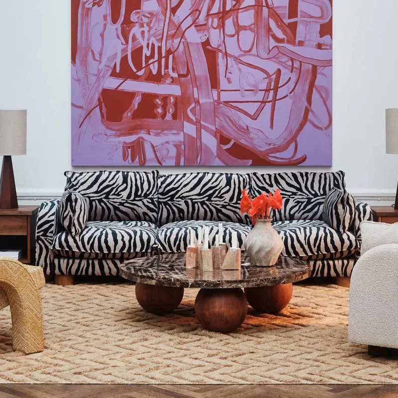 American pastoral sofa antique zebra pattern fabric sofa three-person retro living room furniture straight row small apartment