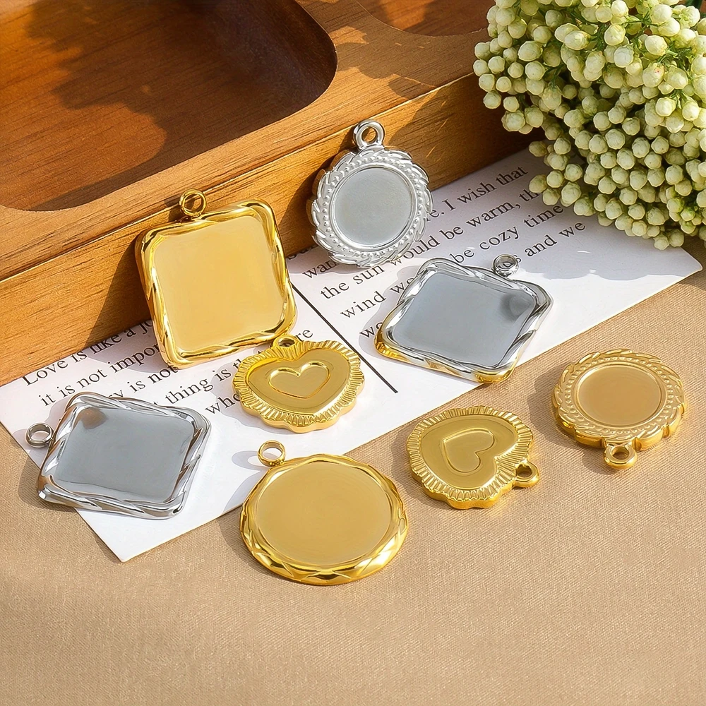 1 Stainless Steel Simple Heart‑Shaped Round And Square Base Color‑Preserving Handcrafted DIY Bracelet Necklace Pendant Accessory