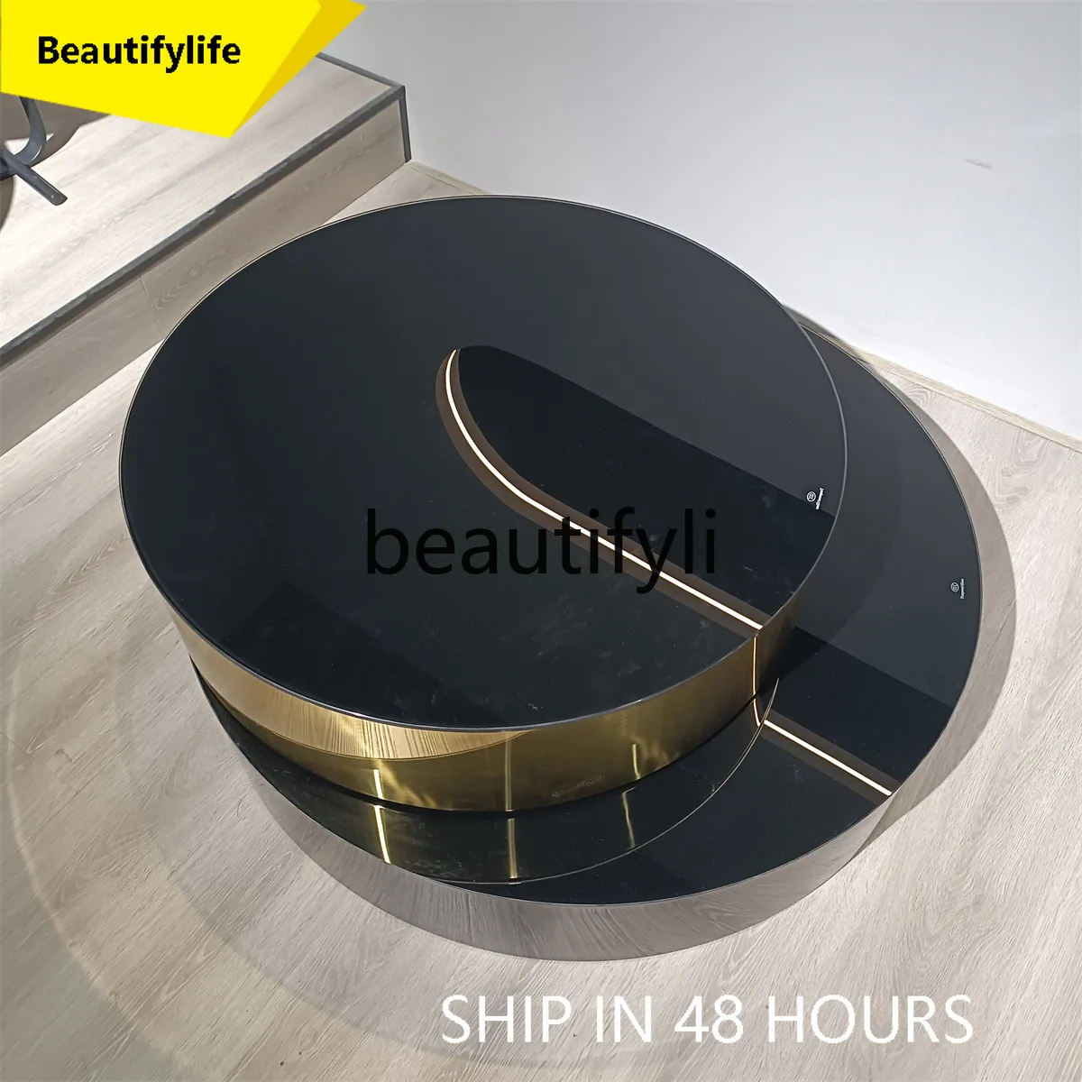 

53 Italian Style Modern Living Room Retractable Tempered Glass Round Rotating Coffee Table Gold Coffee Table