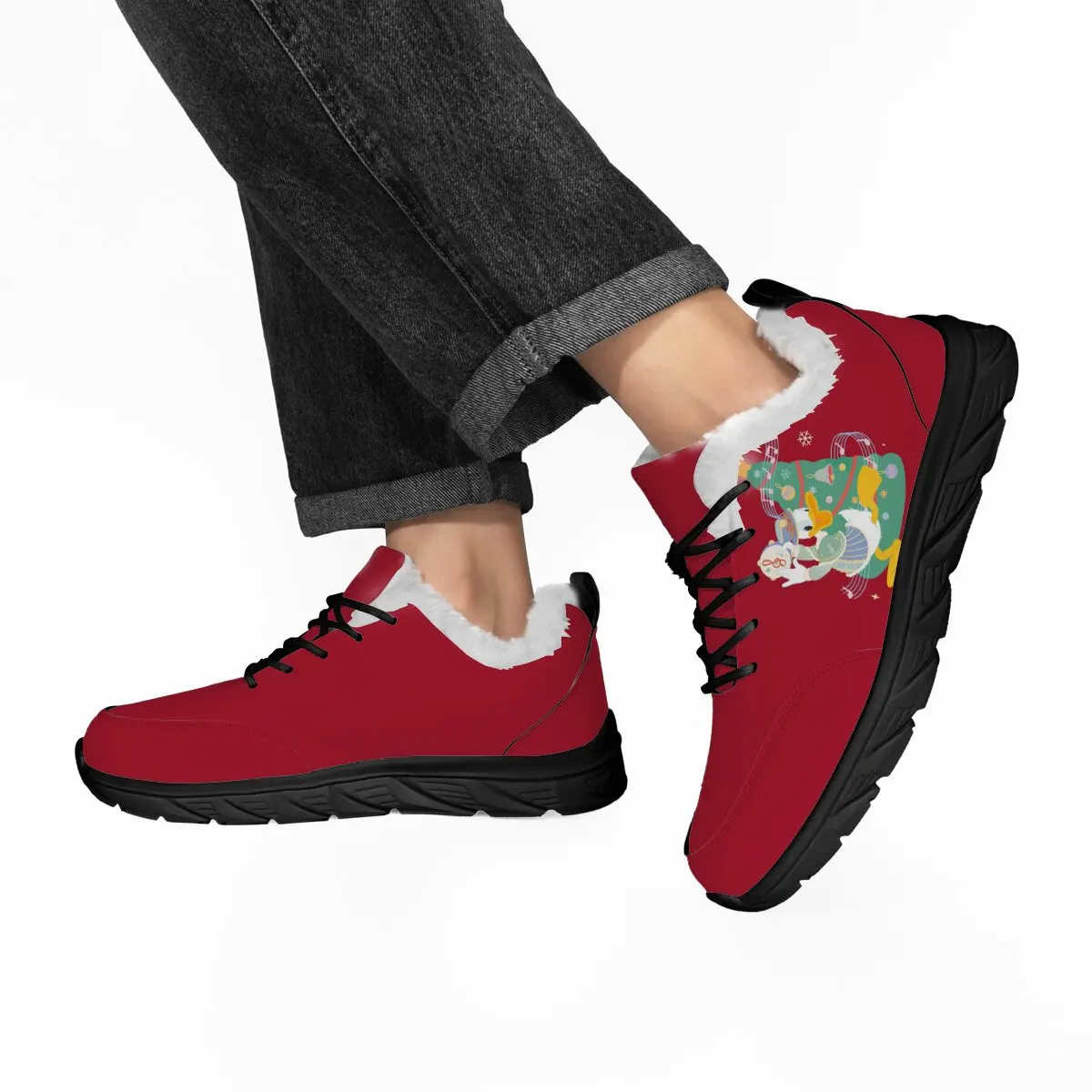 女性用冬用フラットシューズ、赤いクリスマスドナルドダックスニーカー、毛皮の襟とツリーの形をしたラウンドトゥ、暖かい綿の靴
