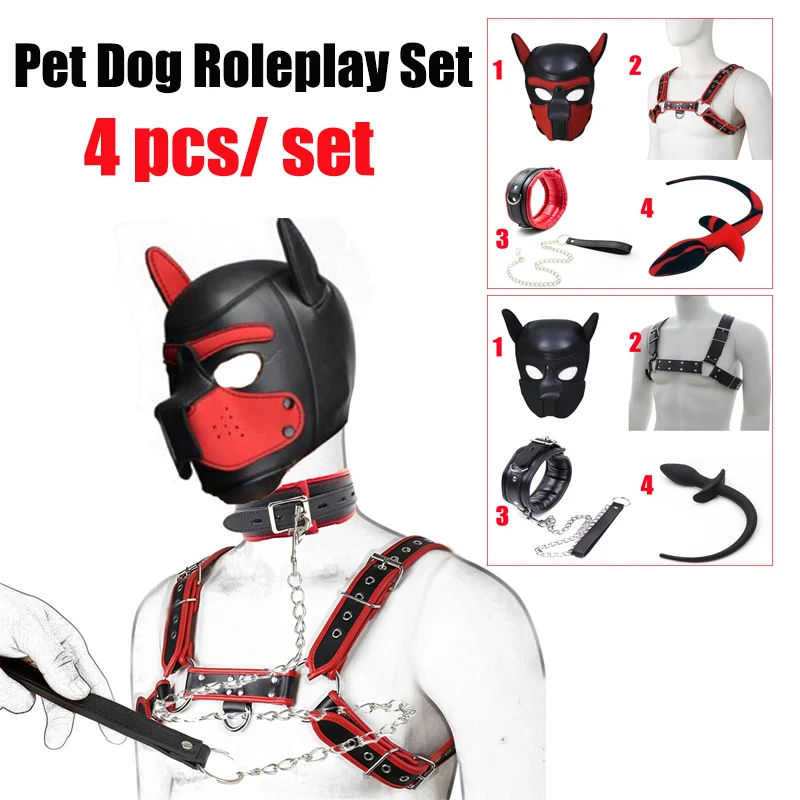 Strap Dog Tail Plug Bdsm Pet Roleplay Set Puppy Play Dog Hood Mask Party Mask Male Chest Harness Pup Neck Collar Sex Toys Kits