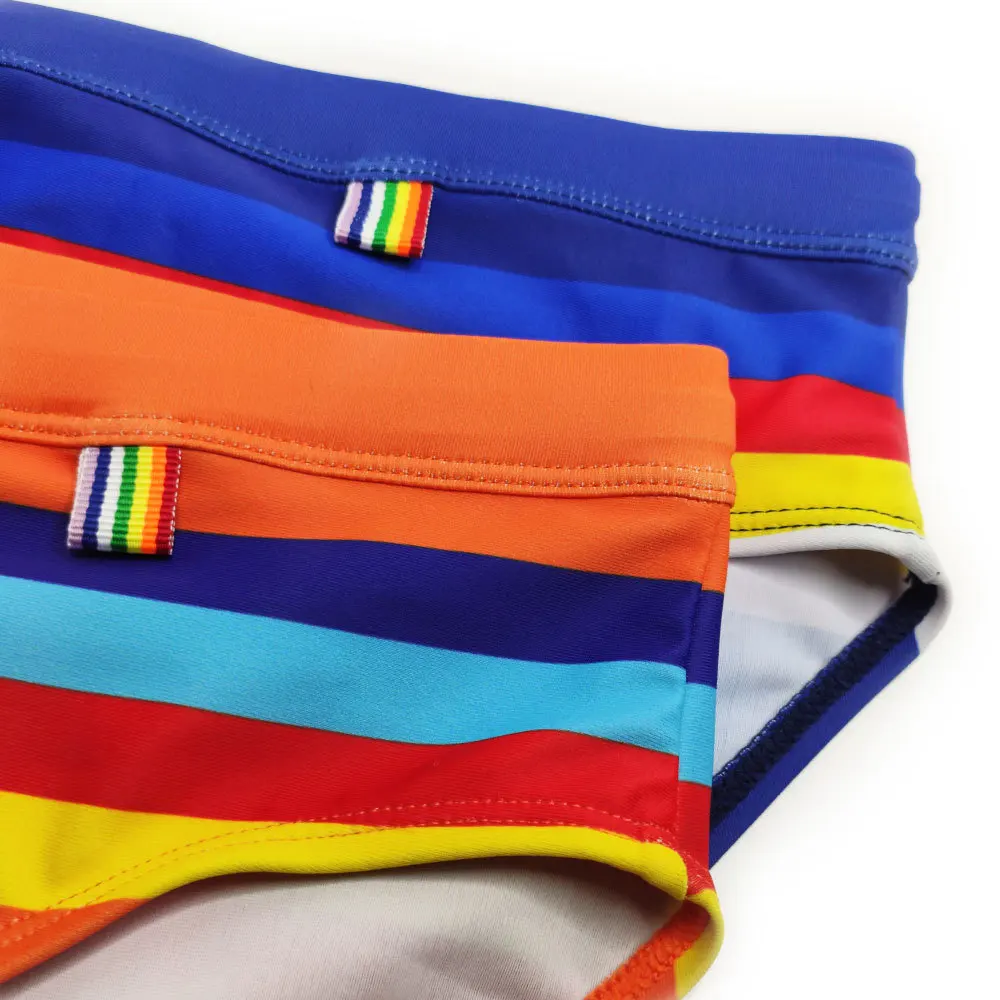 Sexy Men Rainbow Striped Swimwear Swimming Briefs Quick Dry Pool Beach Bikini Swimsuit Board Shorts Gay Male Sport Bathing Trunk