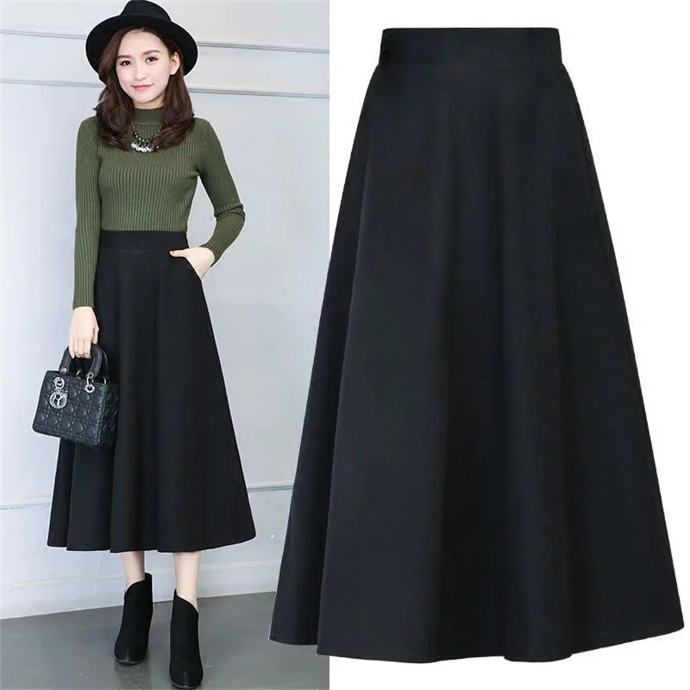 Autumn Winter Women's Skirts Oversized Elastic High Waist A- line Skirt Solid Color Woman Pocket Woolen Long Skirts Black Grey