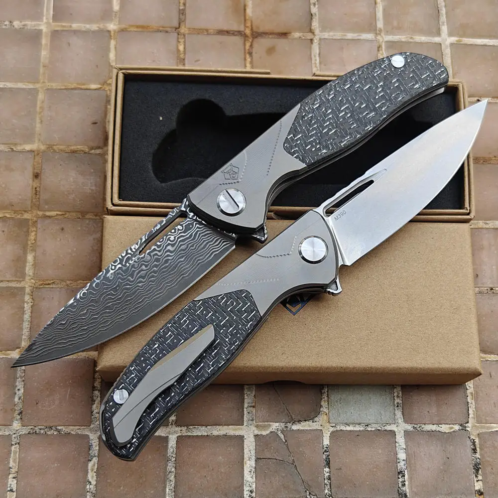 

JUFULE Bear F3 CD Damascus /Mark M390 Logo Ceramic Bearing Titanium Carbon Fiber Tactical Camp Hunt EDC Tool Folding Blade Knife