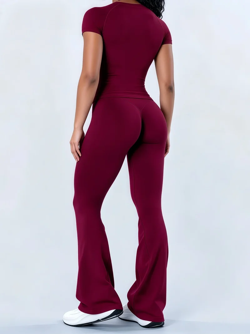 2Pcs HISTELLO Yoga Set Women Seamless Fitness Short Sleeve Top Gym Butt Lifting Flares Leggings Body Shaping Workout Sports Suit