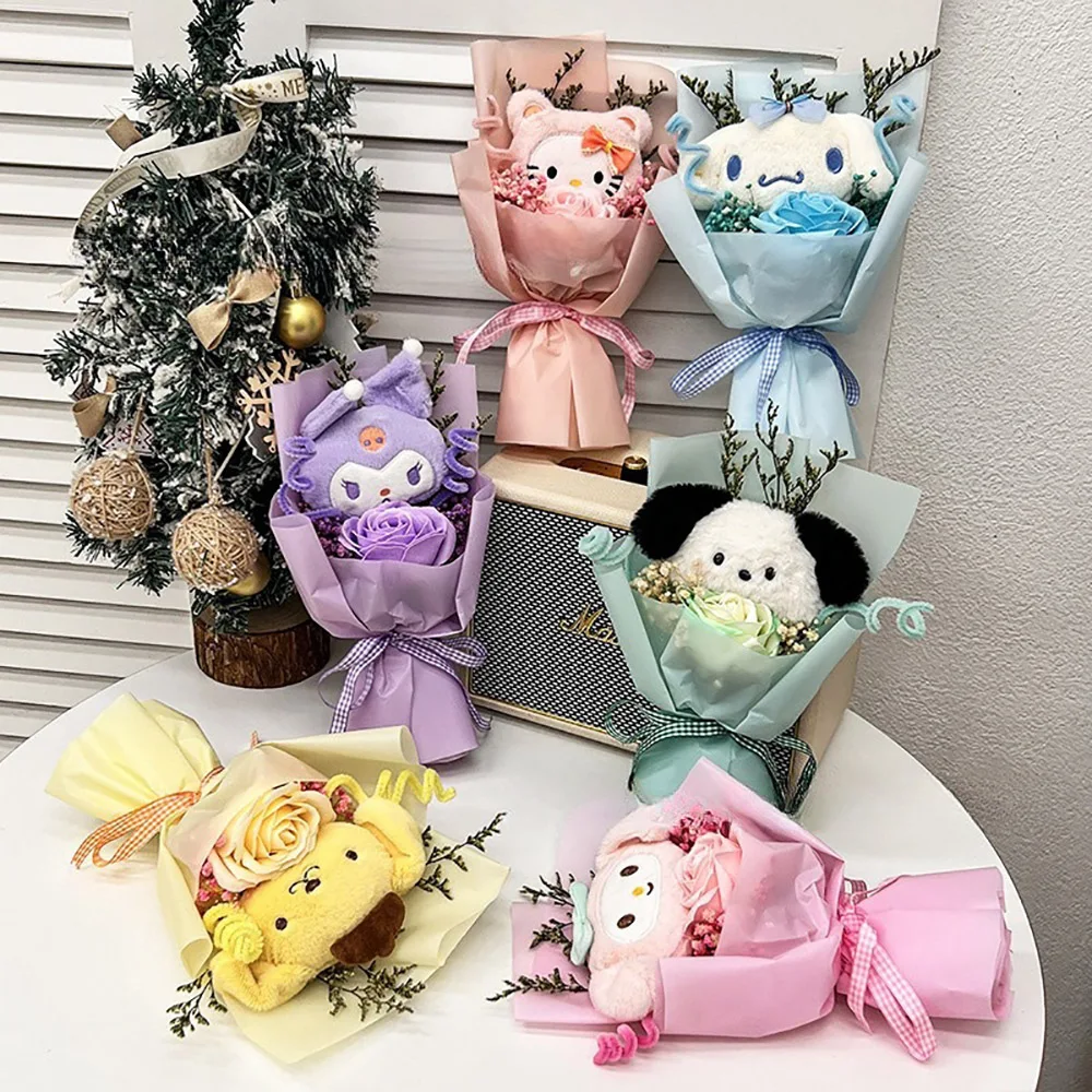 

Sanrio Rose Soap Flowers Bouquet Cinnamoroll Pochacco Kuromi Kawaii Anime Plush Doll Soft Stuffed Toys Graduation Gifts For Kid