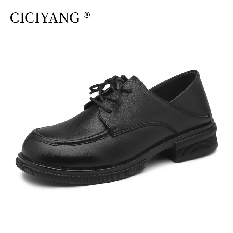 CICIYANG Spring Shoe Woman Genuine Leather 2024 New British Style Loafers Lace Up Non-slip Penny Shoes for Ladies Casual Shoes