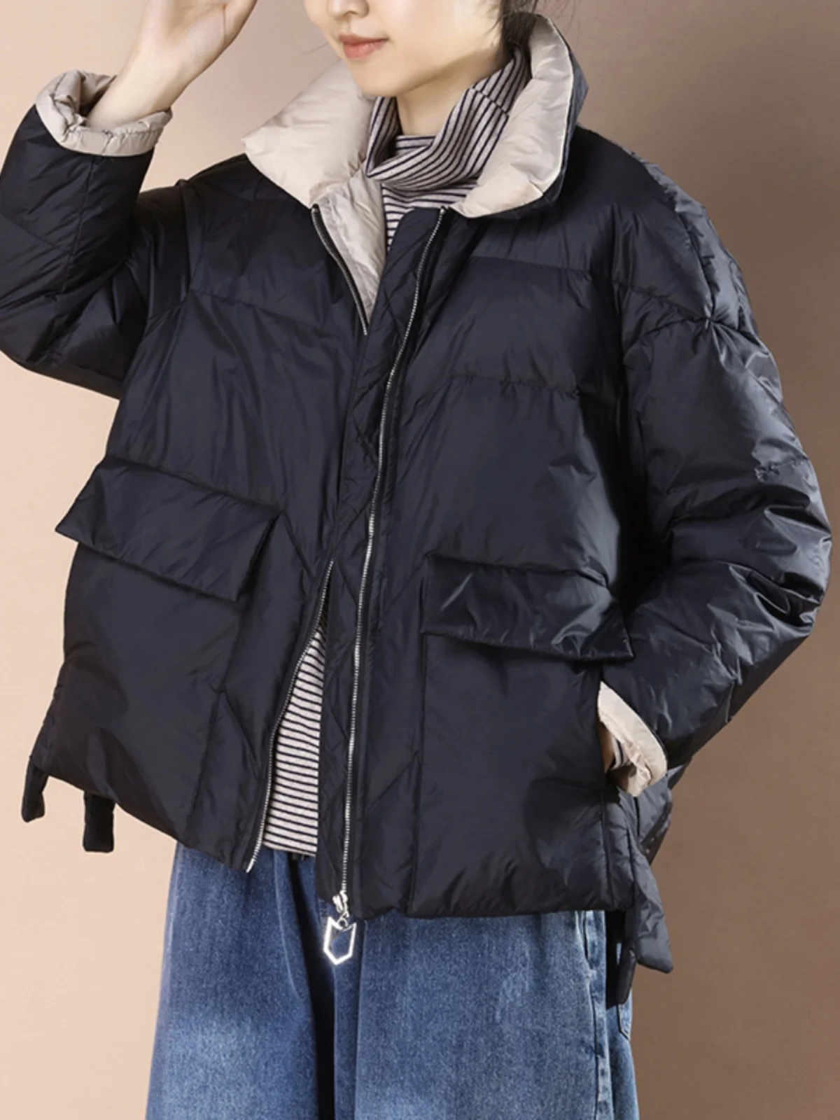 

Casual Sle ort Quilted Jaet Color Blo Design ket Detail Du down Filled Stand Collar Women's Faion Outerwear