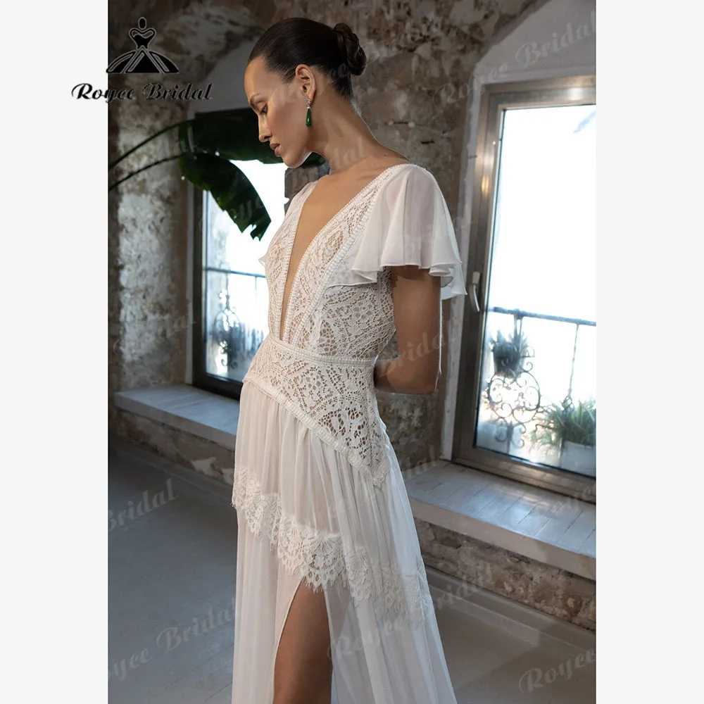 Plunging V Neck Chiffon Lace Boho Bohemian Women Wedding Dress with Short Sleeve 2025 Backless Bridal Gown robe bohem Customized