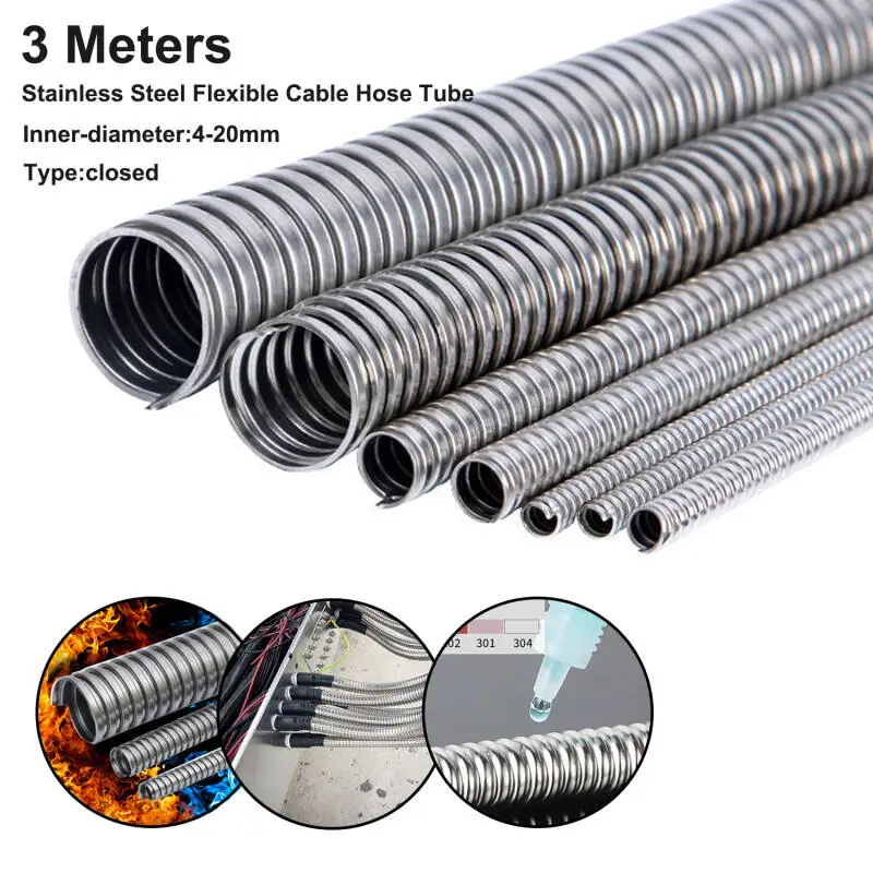 Inner Diameter 4mm-20mm 304 Stainles Steel Corrugated Pipe Wire Line Cable Conduit Protect Hose Tube Length 3 Meters