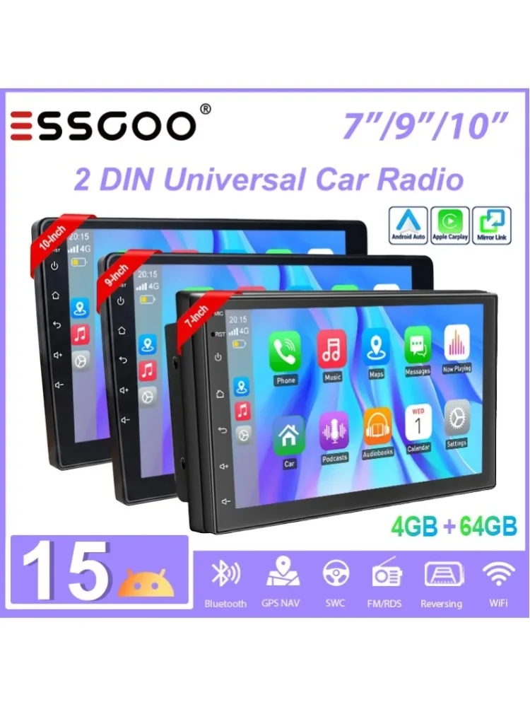 ESSGOO 7"/9"/10.1" Android 15 4GB+64GB 2 DIN Universelles Autoradio mit Wireless Carplay, Android Auto, GPS-Navigation, RDS, FM, WLAN, Bluetooth, Mirror Link, Lenkradsteuerung, Touchscreen,