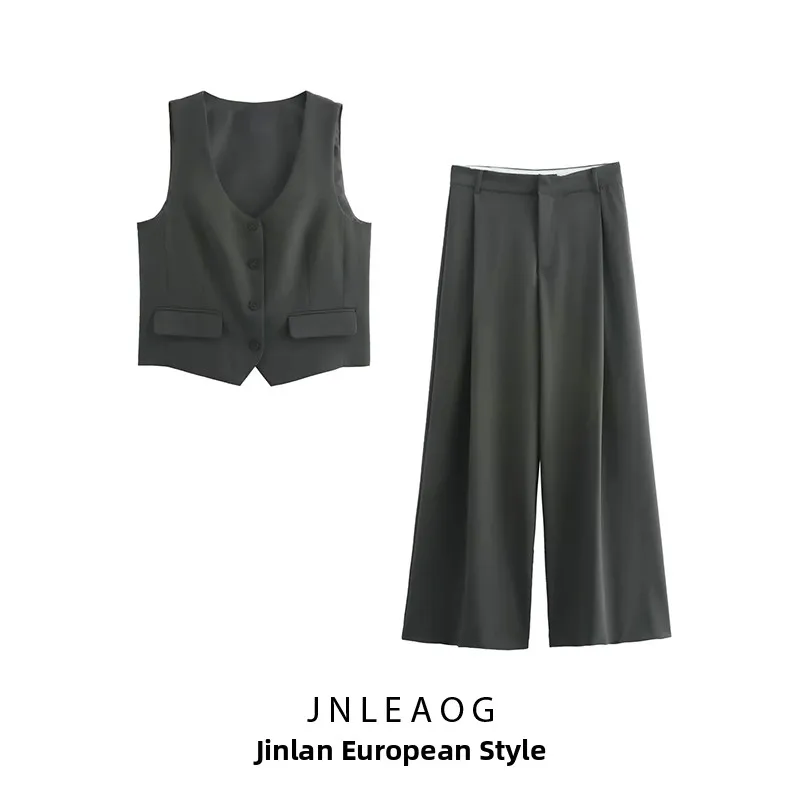 

Faionable Autumnal Women's Slim Fit Vest And Pleated Pants Set Versatile Sli Design Polyester Fiber Two-Piece Suit