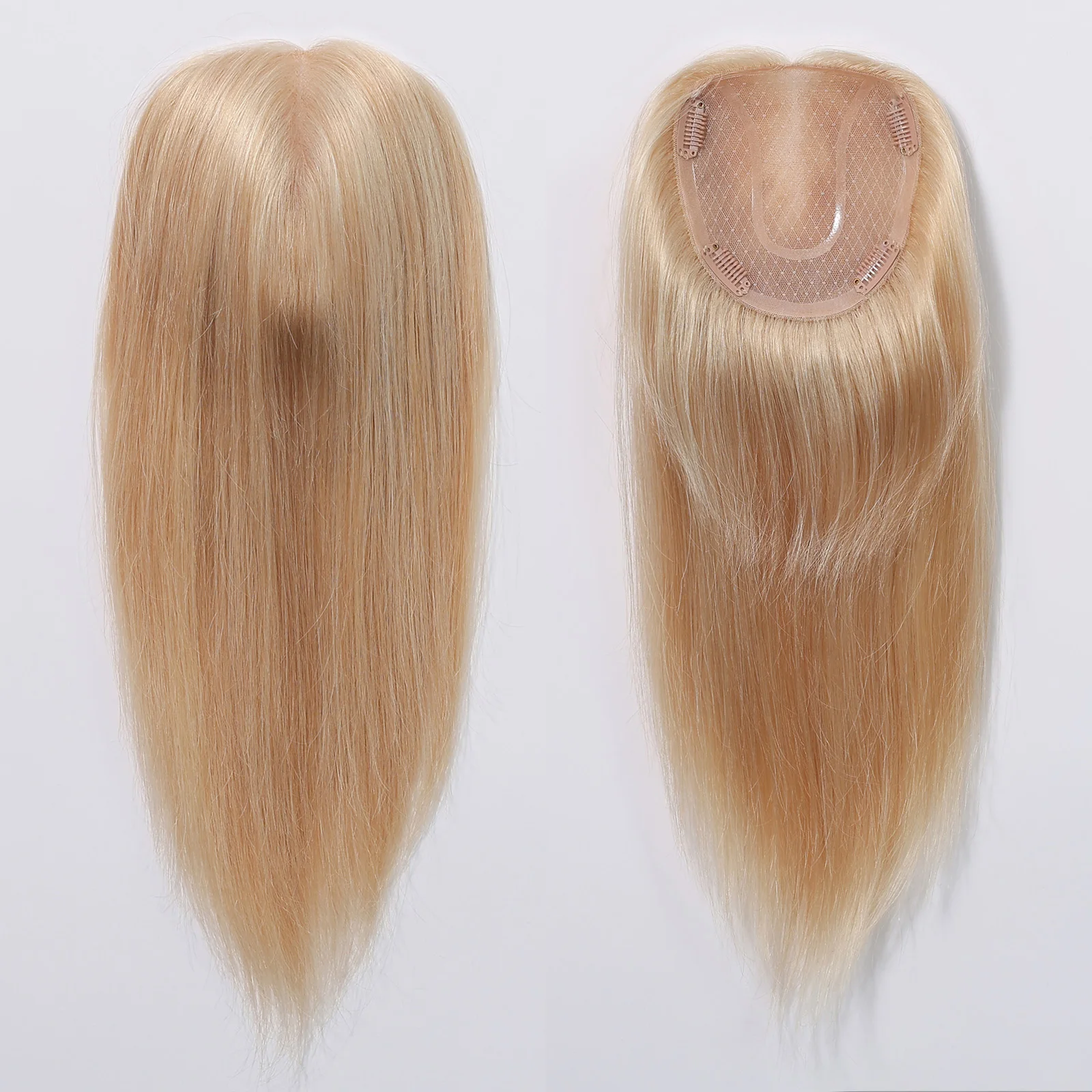 Hiasan Rambut Manusia 4 Clip-In Pirang Muda Mono Renda Dasar Potongan Rambut Bagian Tengah Ekstensi Rambut Manusia Remy untuk Wanita 14 Inci