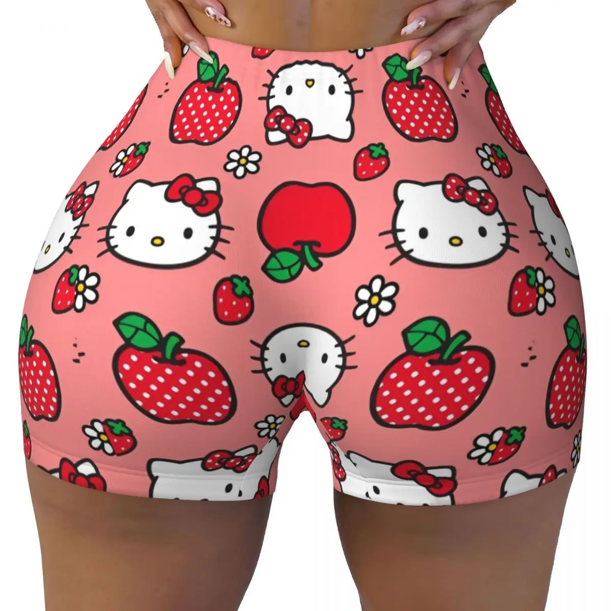 Hello Kitty Apple Strawberry Flower Pattern Yoga Tight Shorts Woman Sports Fitness Workout Gym Pants