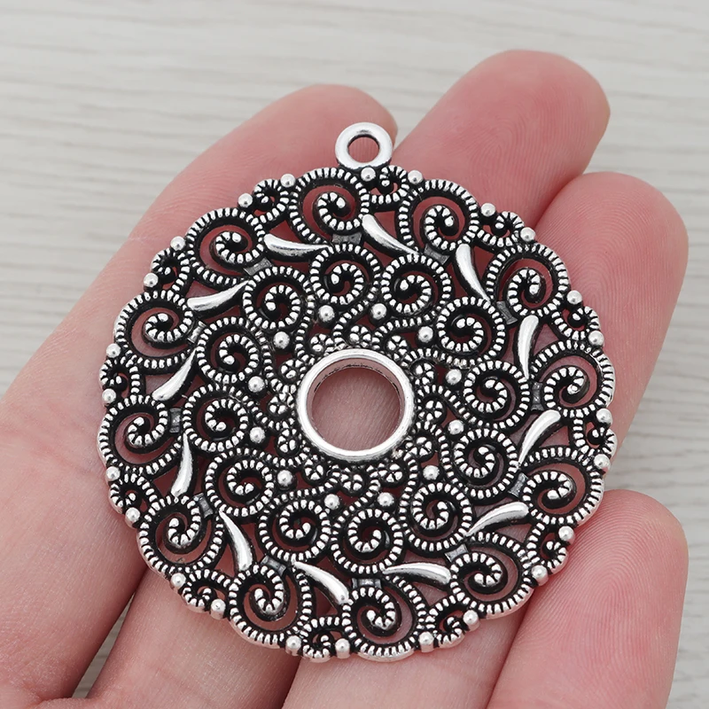 3 x Tibetan Silver Large Hollow Open Filigree Flower Spiral Swirl Round Charms Pendants for DIY Necklace Jewelry Making 53x48mm