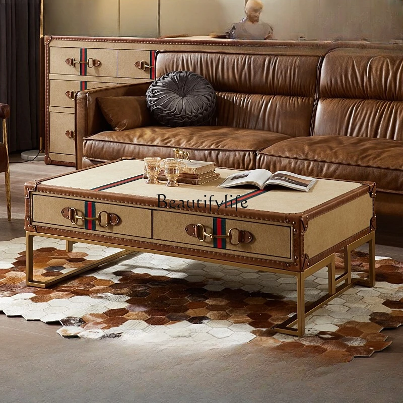 Nordic Industrial Style Retro Coffee Table Antique Leather Case Old All Handmade Fabric Tea Table