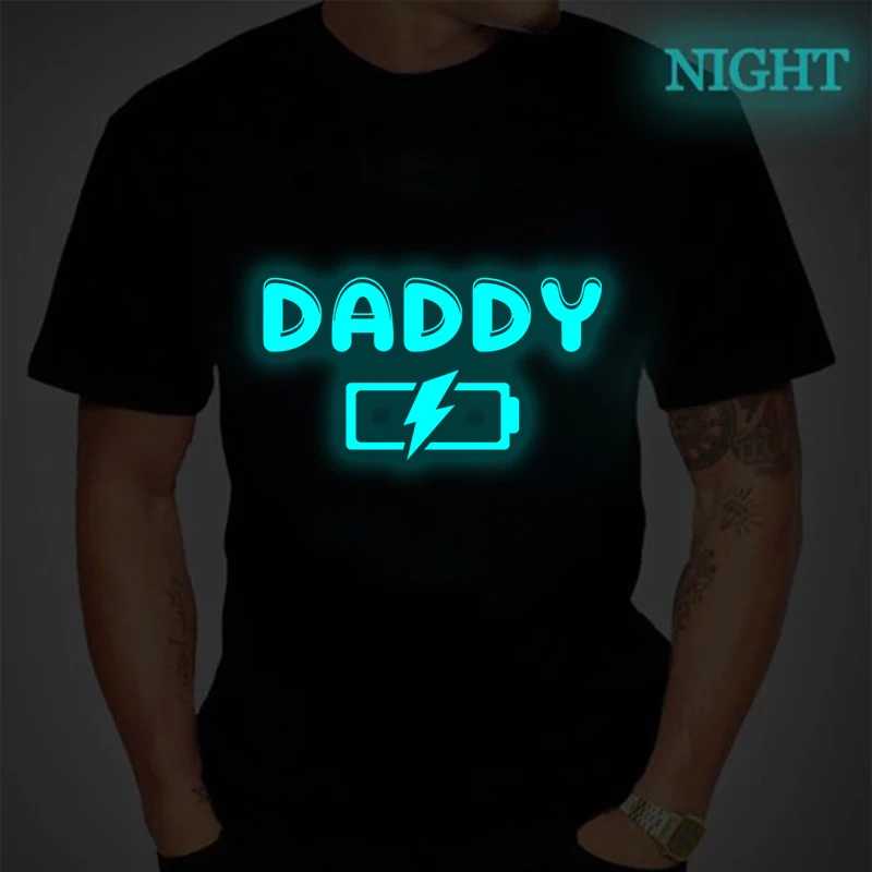 Men Glow in The Dark DADDY Full Battery Print T Shirt Fun Lightning Battery Graphic Tees Short Sleeve Tops for Father's Day Gift